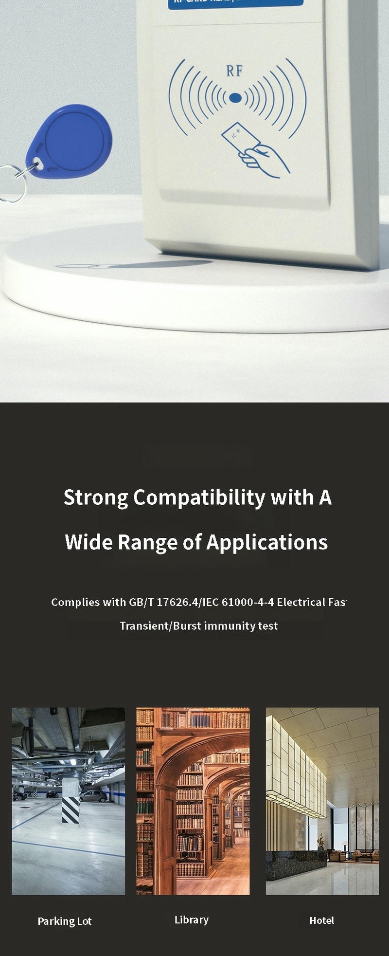 เครื่องอ่าน RFID รุ่น KA-R10 13.56MHz HF แสดงพร้อมกุญแจ RFID และฉากการใช้งานทั่วไป เช่น ลานจอดรถ ห้องสมุด และการเข้าถึงโรงแรม