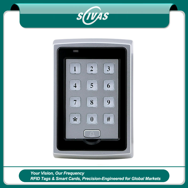 ภาพนี้แสดงคอนโทรลเลอร์แป้น RFID ความจุสูงสำหรับประตู KA-204-M โดยแสดงสีเงิน และแป้นกดและปุ่มควบคุม เหมาะสำหรับการควบคุมการเข้าออก.