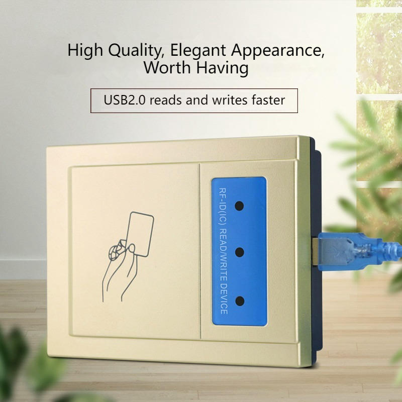 มุมมองด้านบนของเครื่องอ่าน USB ขายส่งสำหรับลงทะเบียนบัตรเข้าออก ka-09mf RFID โดยแสดงสีทอง ขนาดกะทัดรัด และคุณสมบัติด้านความปลอดภัยและป้องกันการแกะย้าย.