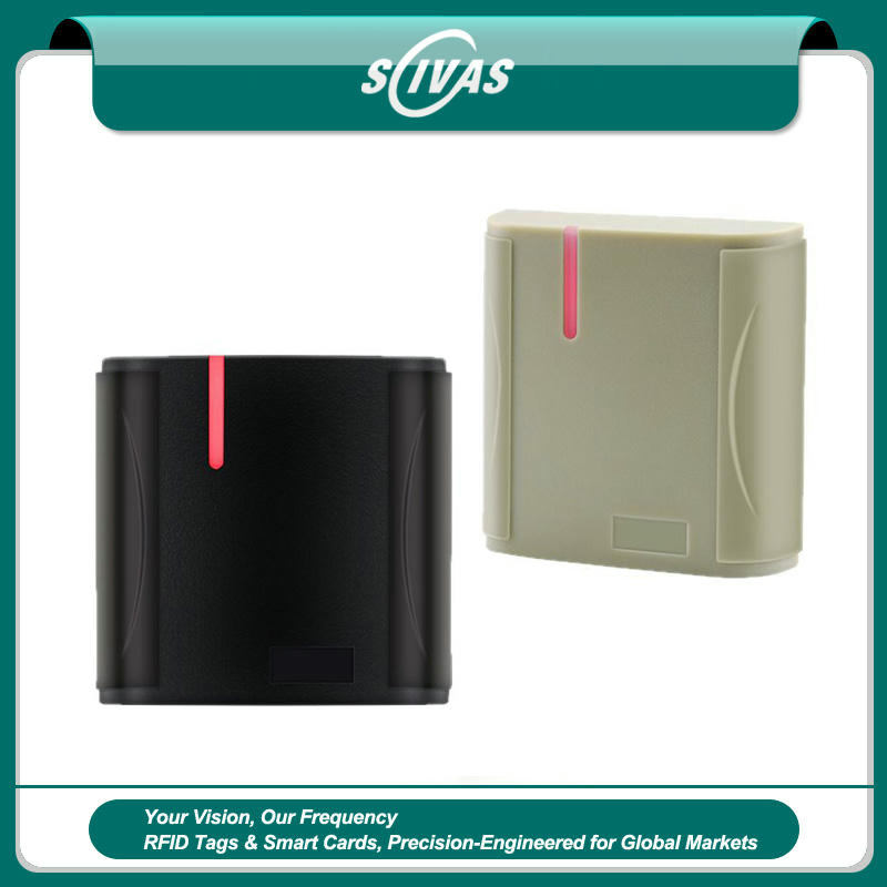 มุมมองด้านหน้าของเครื่องอ่าน RFID LF สำหรับผสานระบบประตู OEM ka-s01-rs โดยแสดงสีดำ และรูปลักษณ์ที่เรียบหรูและทันสมัย เพื่อให้เห็นส่วนประกอบด้านหน้าอย่างชัดเจน เหมาะสำหรับการควบคุมการเข้าออก.