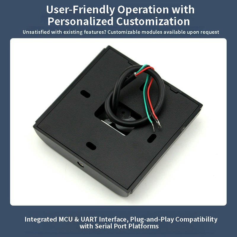 ภาพนี้แสดงเครื่องอ่าน RFID LF สำหรับผสานระบบประตู OEM ka-s01-rs Wiegand โดยแสดงตัวเรือนและแผงด้านหลัง อินเทอร์เฟซสื่อสารสำหรับเชื่อมต่อระบบ ชุดสายไฟและสายสื่อสาร และการซีลป้องกันน้ำภายในตัวเรือน.