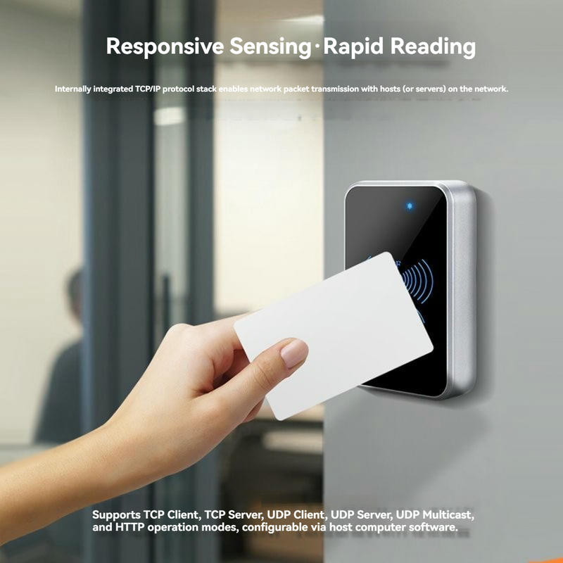 ภาพนี้แสดงเครื่องอ่าน RFID ผ่าน TCP สำหรับระบบประตูเชิงพาณิชย์ KA-118-TCP ABS โดยแสดงตัวเรือน ABS ตัวเรือนพลาสติก ABS ที่ทนทาน และโครงสร้างที่แข็งแรงทนทาน.