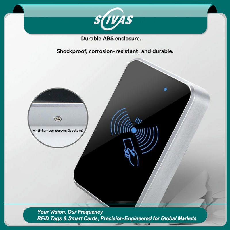 มุมมองด้านหน้าของเครื่องอ่าน RFID ผ่าน TCP สำหรับระบบประตูเชิงพาณิชย์ KA-118-TCP โดยแสดงสีขาว และรูปลักษณ์ที่เรียบหรูและทันสมัย เพื่อให้เห็นส่วนประกอบด้านหน้าอย่างชัดเจน.
