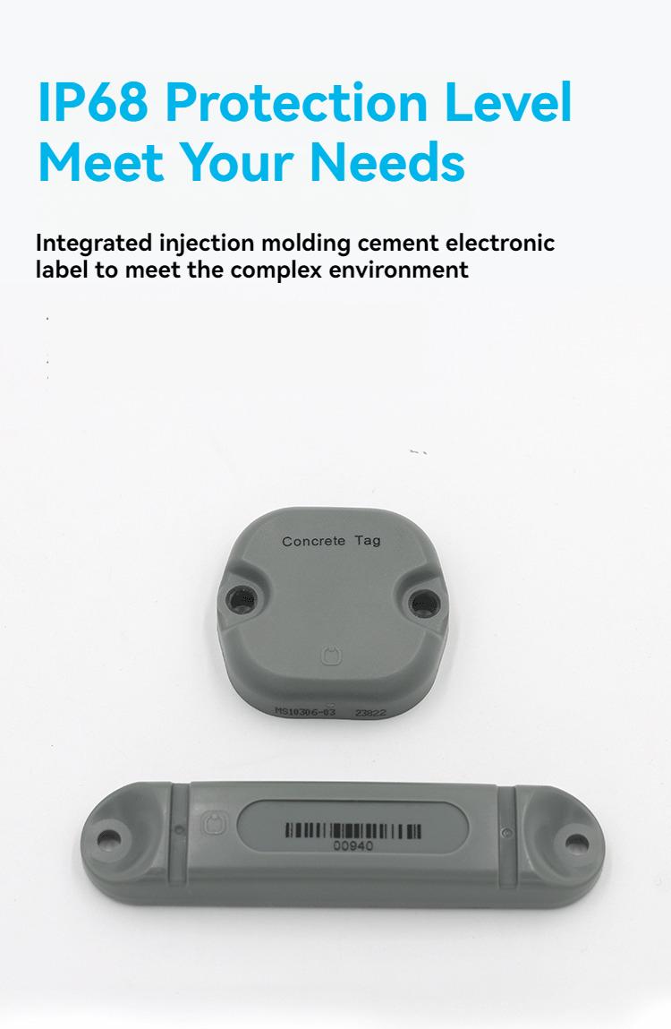 โปสเตอร์การป้องกันระดับ IP68 แสดงแท็กคอนกรีต RFID รุ่น EP5148-1 พร้อมภาพด้านหน้าและด้านหลัง เพื่อเน้นการขึ้นรูปซีลสำหรับสภาพแวดล้อมที่รุนแรง